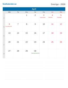 Kalender 2026 April
