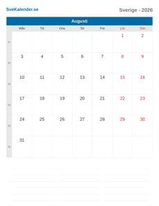 Kalender 2026 Augusti