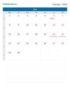Kalender 2026 Juni
