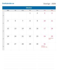 Kalender 2026 Oktober