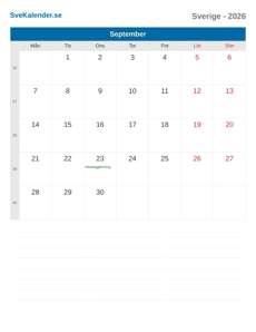 Kalender 2026 September