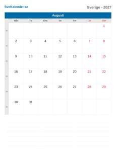 Kalender 2027 Augusti