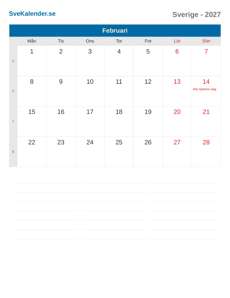 Kalender 2027 Februari