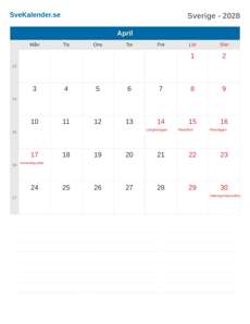 Kalender 2028 April