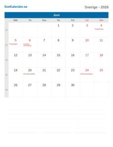 Kalender 2028 Juni