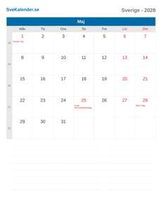 Kalender 2028 Maj