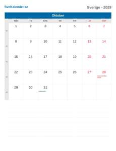 Kalender 2029 Oktober