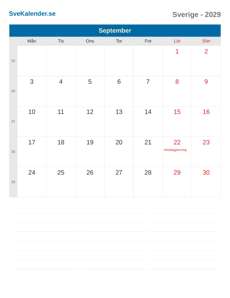 Kalender 2029 September